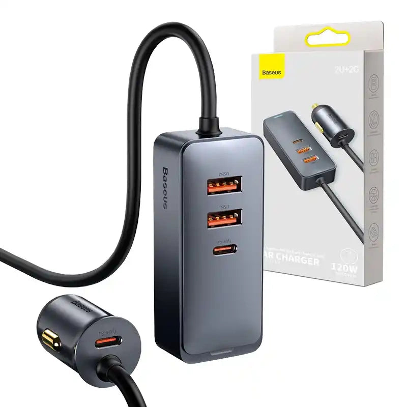 Car charger Baseus Share Together with extension cord, 2x USB, 2x USB-C, 120W (grey) - Product Image 9