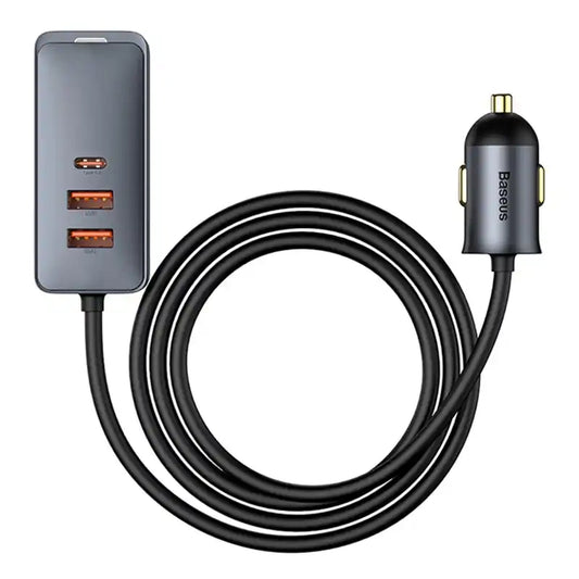 Car charger Baseus Share Together with extension cord, 2x USB, 2x USB-C, 120W (grey) - Product Image 2