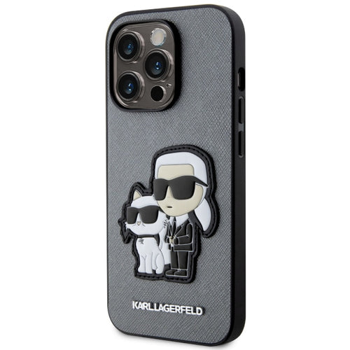 Etui Karl Lagerfeld Saffiano Karl & Choupette na iPhone 14 Pro 6- srebrne