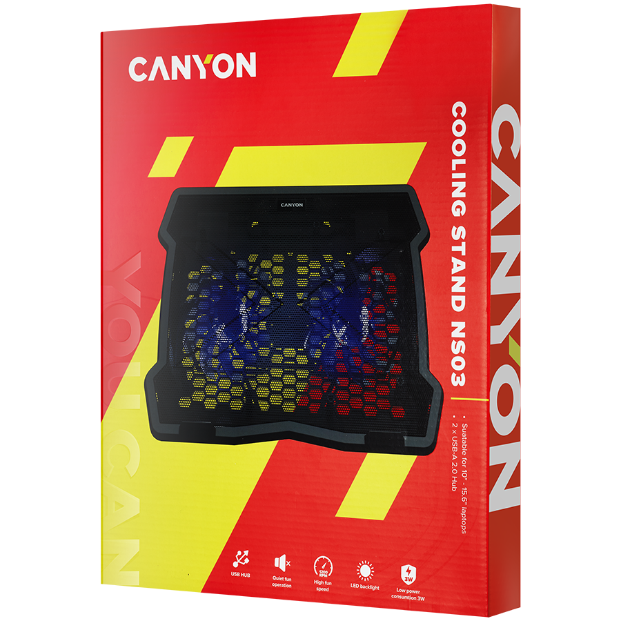 CANYON NS03, Cooling stand dual-fan with 2x2.0 USB hub, support up to 10”-15.6” laptop, ABS plastic and iron, Fans dimension: