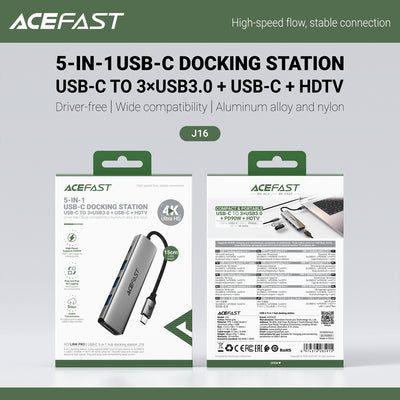 Acefast J16 USB Hub USB-C 5-in-1 HDMI 4K 60Hz PD90W Docking Station - Gray