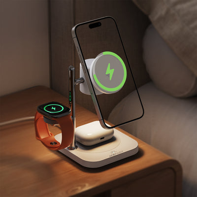 Acefast E39 Qi2.2 25W 4-in-1 Wireless Desk Charger for Phone, Watch, and Headphones with Night Light - White