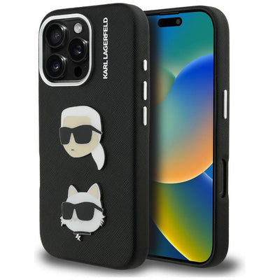 Karl Lagerfeld FW Grained Karl &amp; Choupette Heads Pins Case for iPhone 16 Pro - Black