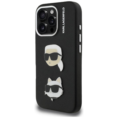 Karl Lagerfeld FW Grained Karl &amp; Choupette Heads Pins Case for iPhone 16 Pro Max - Black