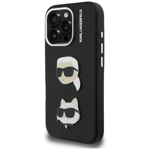 Karl Lagerfeld FW Grained Karl &amp; Choupette Heads Pins Case for iPhone 16 Pro Max - Black