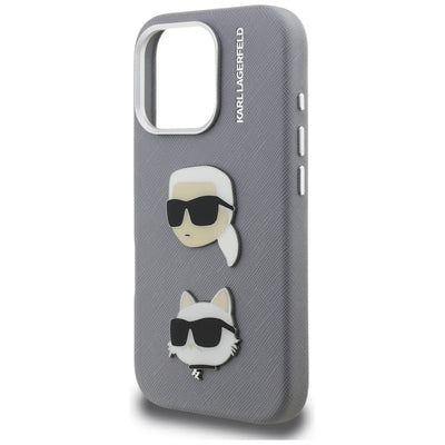 Karl Lagerfeld FW Grained Karl &amp; Choupette Heads Pins Case for iPhone 16 Pro Max - Gray