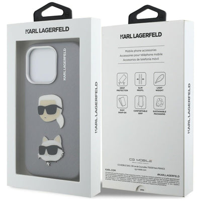 Karl Lagerfeld FW Grained Karl &amp; Choupette Heads Pins Case for iPhone 16 Pro Max - Gray
