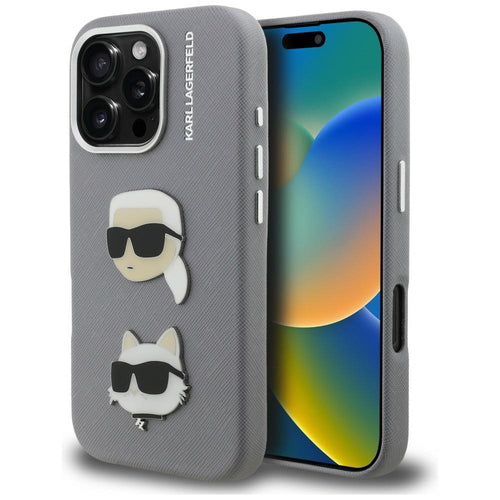 Karl Lagerfeld FW Grained Karl &amp; Choupette Heads Pins Case for iPhone 16 Pro - Gray