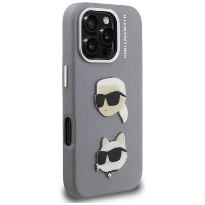 Karl Lagerfeld FW Grained Karl &amp; Choupette Heads Pins Case for iPhone 16 Pro - Gray