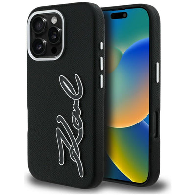 Karl Lagerfeld FW Grained Signature Logo iPhone 16 Pro Case - Black