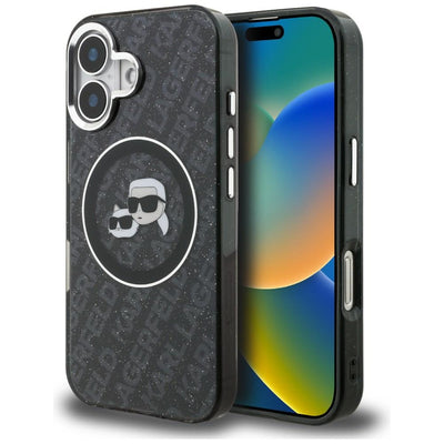 Karl Lagerfeld IML Glitter Karl &amp; Choupette Heads Logo MagSafe Case for iPhone 16 - Black