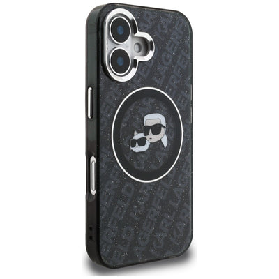Karl Lagerfeld IML Glitter Karl &amp; Choupette Heads Logo MagSafe Case for iPhone 16 - Black