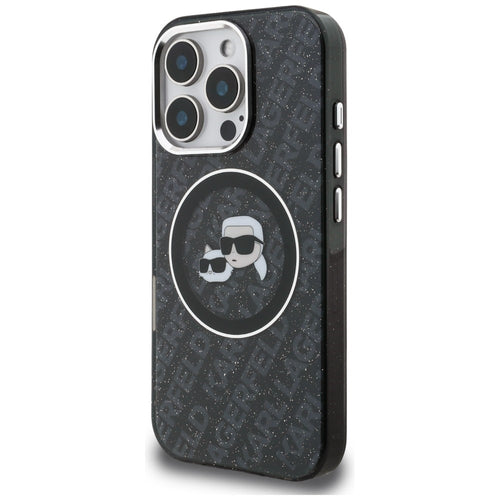 Karl Lagerfeld IML Glitter Karl &amp; Choupette Heads Logo MagSafe Case for iPhone 16 Pro - Black