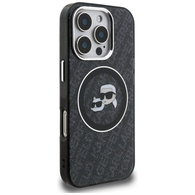 Karl Lagerfeld IML Glitter Karl &amp; Choupette Heads Logo MagSafe Case for iPhone 16 Pro - Black