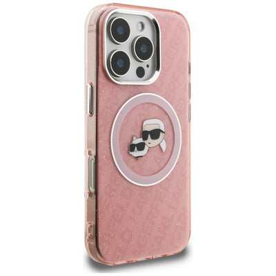Karl Lagerfeld IML Glitter Karl &amp; Choupette Heads Logo MagSafe Case for iPhone 16 Pro Max - Pink