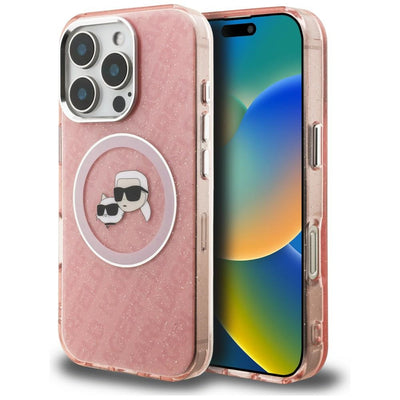 Karl Lagerfeld IML Glitter Karl &amp; Choupette Heads Logo MagSafe Case for iPhone 16 Pro - Pink