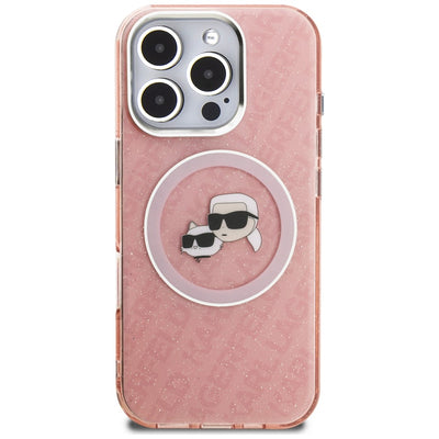 Karl Lagerfeld IML Glitter Karl &amp; Choupette Heads Logo MagSafe Case for iPhone 16 Pro - Pink