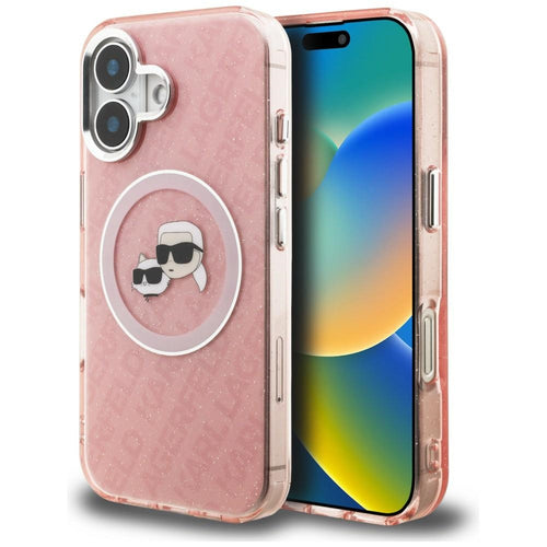 Karl Lagerfeld IML Glitter Karl &amp; Choupette Heads Logo MagSafe iPhone 16 Case - Pink