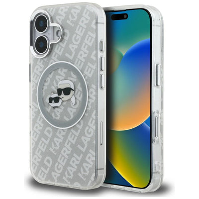 Karl Lagerfeld IML Glitter Karl &amp; Choupette Heads Logo MagSafe iPhone 16 Case - Gray