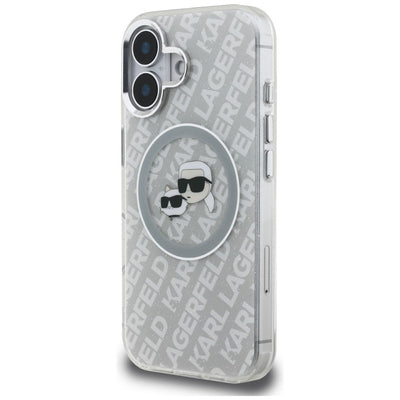 Karl Lagerfeld IML Glitter Karl &amp; Choupette Heads Logo MagSafe iPhone 16 Case - Gray