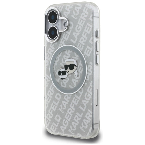 Karl Lagerfeld IML Glitter Karl &amp; Choupette Heads Logo MagSafe iPhone 16 Case - Gray