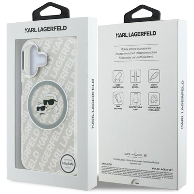Karl Lagerfeld IML Glitter Karl &amp; Choupette Heads Logo MagSafe iPhone 16 Case - Gray