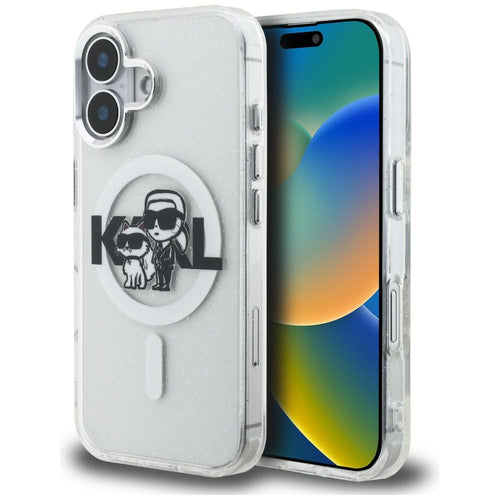 Karl Lagerfeld IML Glitter Karl &amp; Choupette Sketch Logo MagSafe Case for iPhone 16 - Transparent