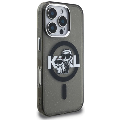 Karl Lagerfeld IML Glitter Karl &amp; Choupette Sketch Logo MagSafe Case for iPhone 16 Pro - Black