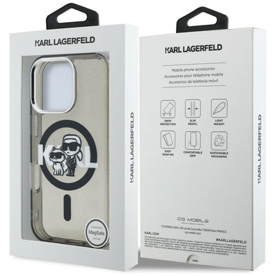 Karl Lagerfeld IML Glitter Karl &amp; Choupette Sketch Logo MagSafe Case for iPhone 16 Pro - Black