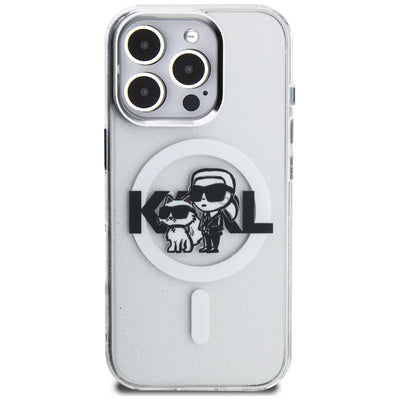 Karl Lagerfeld IML Glitter Karl &amp; Choupette Sketch Logo MagSafe Case for iPhone 16 Pro - Clear