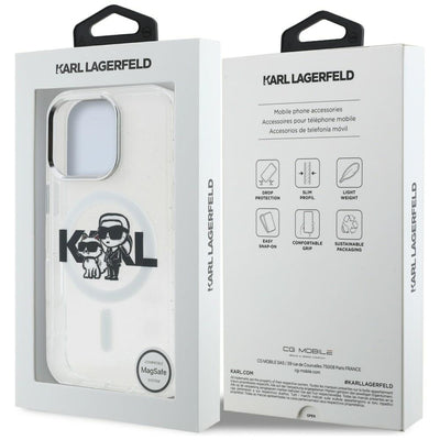 Karl Lagerfeld IML Glitter Karl &amp; Choupette Sketch Logo MagSafe Case for iPhone 16 Pro - Clear