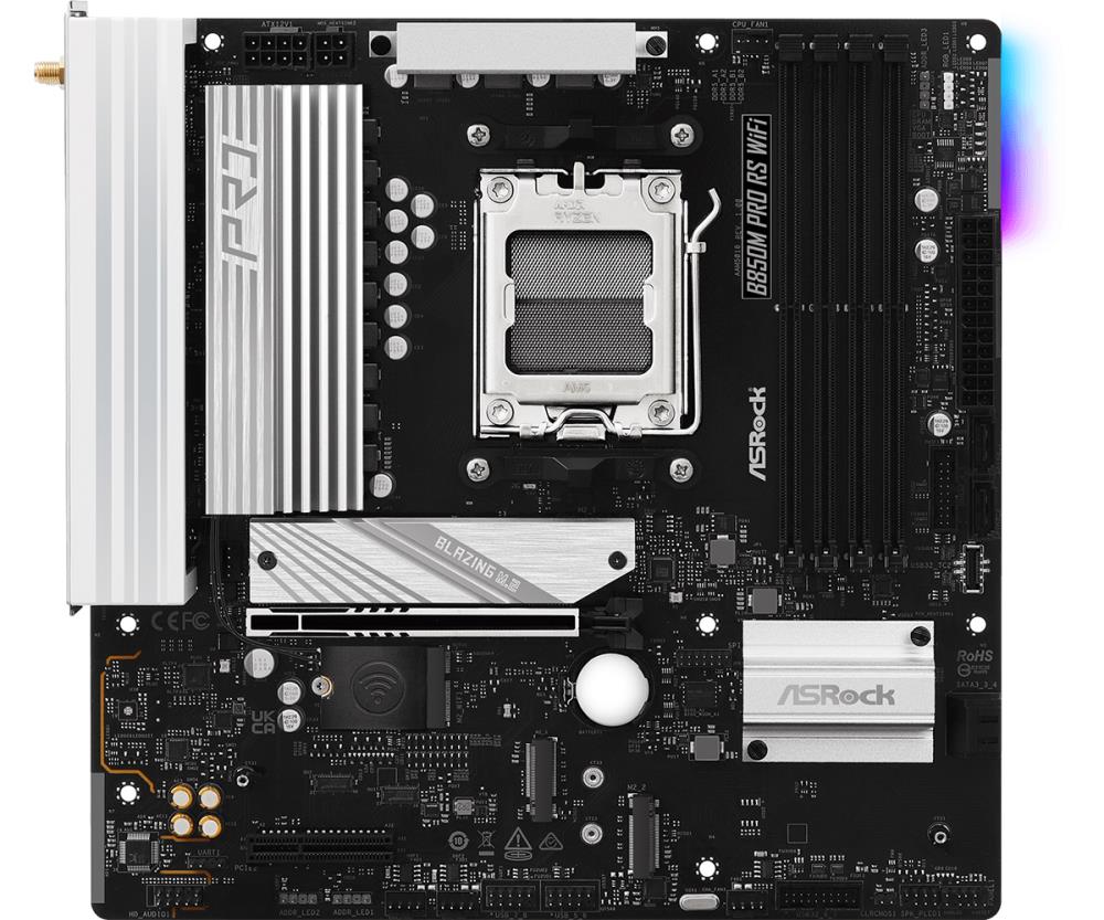 Mainboard ASROCK AMD B850 SAM5 Micro-ATX Memory DDR5 Memory slots 4 1xPCI-Express 4.0 4x 1xPCI-Express 5.0 16x 1xM.2 1xHDMI 1xDisplayPort 1xAudio-In 1xAudio-Out 1xMicrophone 4xUSB 2.0 3xUSB 3.2 1xUSB-C 1xRJ45 B850MPRORSWIFI