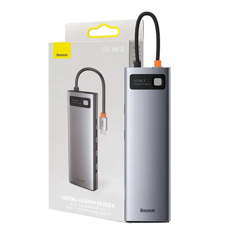 Hub 11in1 Baseus Metal Gleam Series, USB-C to 3x USB 3.0 + 2x HDMI + USB-C PD + Ethernet RJ45 + microSD/SD + VGA + AUX - Product Image 1