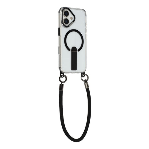 iPhone 17 case with stand, short strap (30 cm) and long strap (120 cm), compatible with MagSafe - black — Hurtel