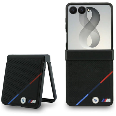 BMW M Leather Perforated Tricolor Stripe Metal Logos MagSafe Case for Samsung Galaxy Z Flip 8 - Black