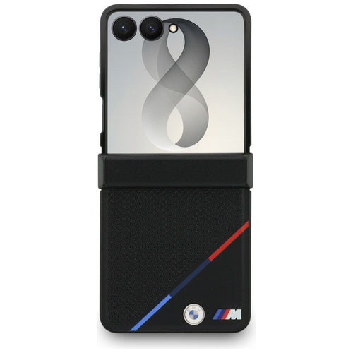 BMW M Leather Perforated Tricolor Stripe Metal Logos MagSafe Case for Samsung Galaxy Z Flip 8 - Black