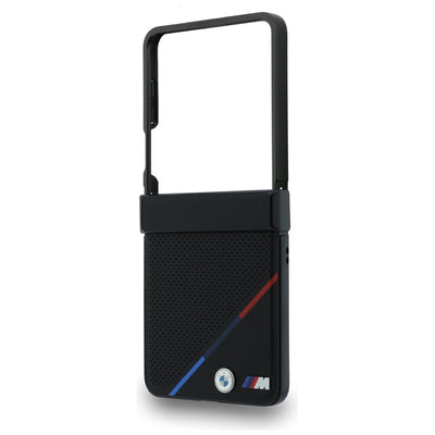 BMW M Leather Perforated Tricolor Stripe Metal Logos MagSafe Case for Samsung Galaxy Z Flip 8 - Black