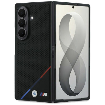 BMW M Leather Perforated Tricolor Stripe Metal Logos MagSafe Case for Samsung Galaxy Z Fold 8 Ultra - Black