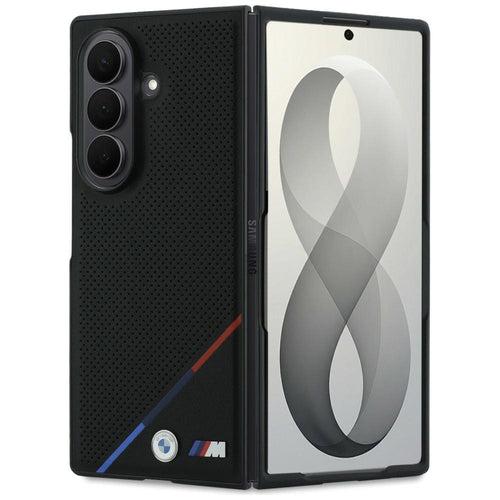BMW M Leather Perforated Tricolor Stripe Metal Logos MagSafe Case for Samsung Galaxy Z Fold 8 Ultra - Black