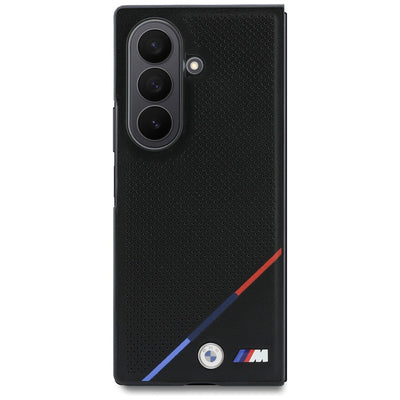BMW M Leather Perforated Tricolor Stripe Metal Logos MagSafe Case for Samsung Galaxy Z Fold 8 Ultra - Black