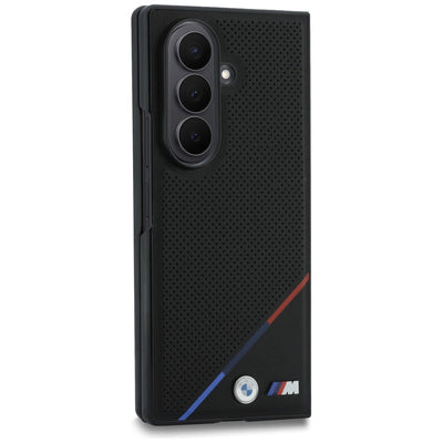 BMW M Leather Perforated Tricolor Stripe Metal Logos MagSafe Case for Samsung Galaxy Z Fold 8 Ultra - Black