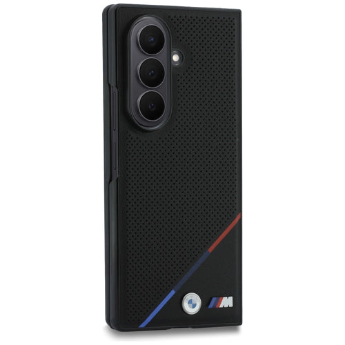 BMW M Leather Perforated Tricolor Stripe Metal Logos MagSafe Case for Samsung Galaxy Z Fold 8 Ultra - Black
