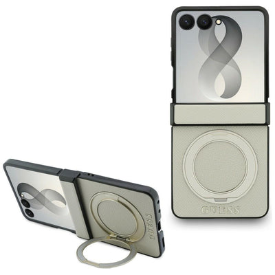 Guess Magnetic Ring Stand Grained Classic Logo MagSafe case for Samsung Galaxy Z Flip 8 - beige