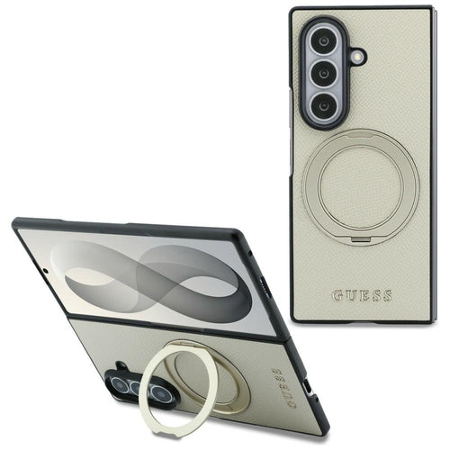 Guess Magnetic Ring Stand Grained Classic Logo MagSafe case for Samsung Galaxy Z Fold 8 Ultra - beige