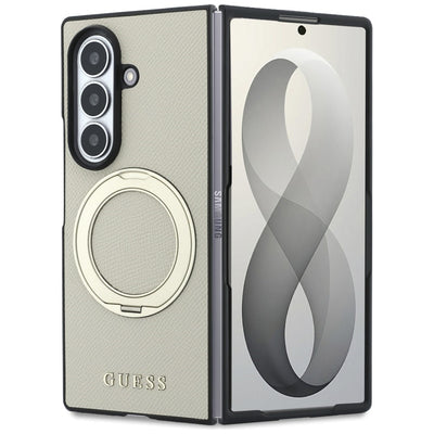 Guess Magnetic Ring Stand Grained Classic Logo MagSafe case for Samsung Galaxy Z Fold 8 Ultra - beige