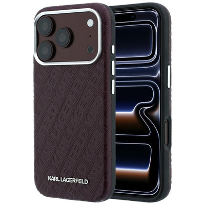 Karl Lagerfeld Grained Allover Logo Metal Elongated MagSafe Case for iPhone 17 Pro Max / 18 Pro Max - Burgundy