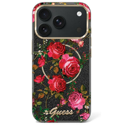Guess IML Glitter Blossom Roses Case for iPhone 17 Pro / 18 Pro - Black