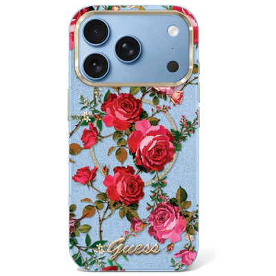 Guess IML Glitter Blossom Roses case for iPhone 17 Pro Max / 18 Pro Max - light blue