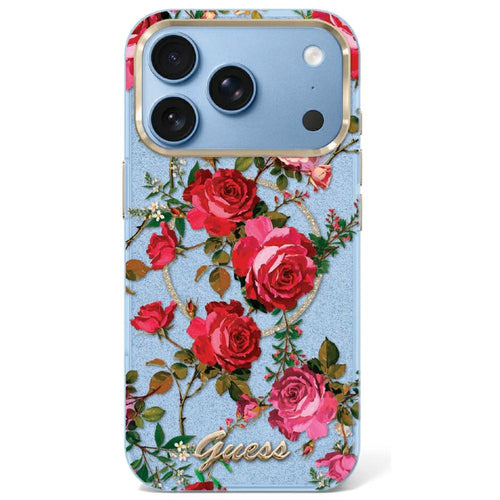 Guess IML Glitter Blossom Roses case for iPhone 17 Pro Max / 18 Pro Max - light blue
