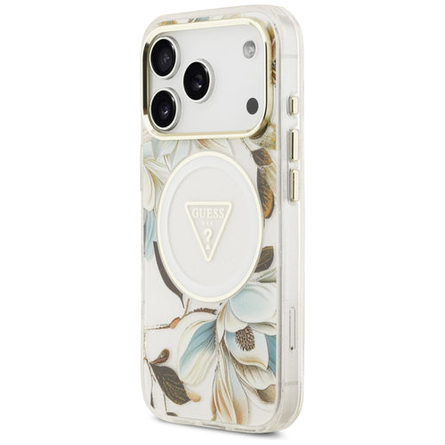Guess IML Glitter Flowers Triangle MagSafe Case for iPhone 17 Pro / 18 Pro - White